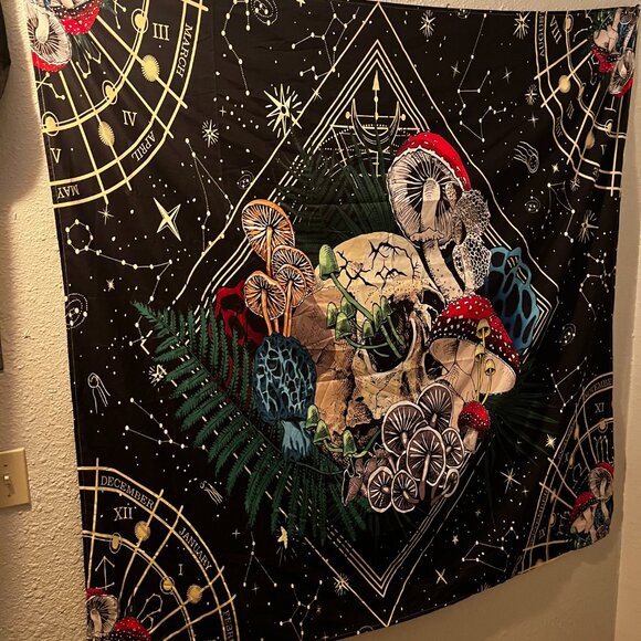 Skeleton skull mushroom stary night calendar blacklight Tapestry wall hanging - Picture 3 of 4